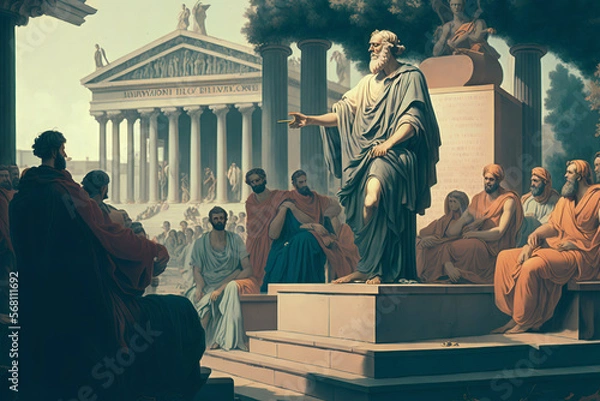 Obraz the trial of Socrates in the agora, as depicted by Plato. It shows the philosopher standing in front of a group of judges and citizens, with an expression of calm and wisdom.  Generative AI.