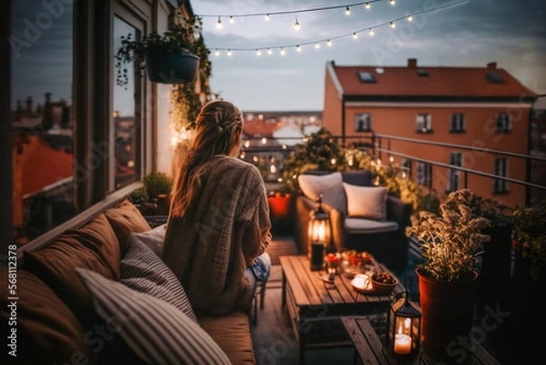 Obraz woman sitting on her cosy balcony with fairy lights in the evening light and looks at the city, generative ai