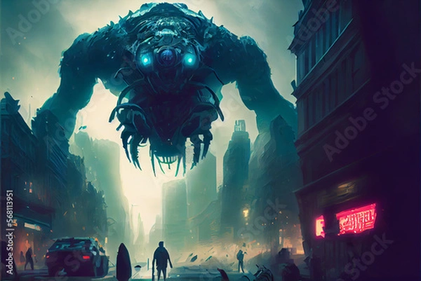 Obraz giant monster invading night city. science fiction. Futuristic scene. sci-fi scene of the creature machine invading city. High quality ai generated illustration.