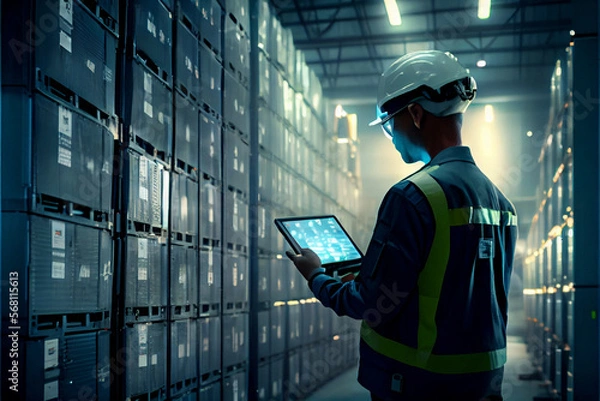 Fototapeta warehouse stock engineer man scanning package with barcode scanner check goods in transportation and distribution in warehouse.logistic Industrial and business export. Stock manager using laptop at