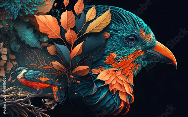 Fototapeta Colorful bird with leaves. Linear art illustration. Generative AI technology.