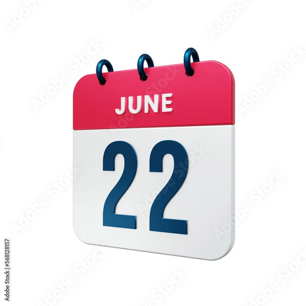 Fototapeta June Realistic Calendar Icon 3D Rendered Date June 22