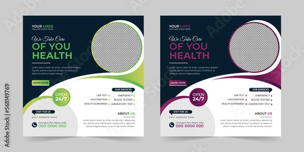 Fototapeta Medical healthcare square social media post, promotion web banner ads sales and discount banner vector template Design.