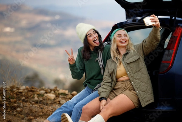 Obraz Happy female friends taking a selfie in the back door of a car with a rural landscape in the background