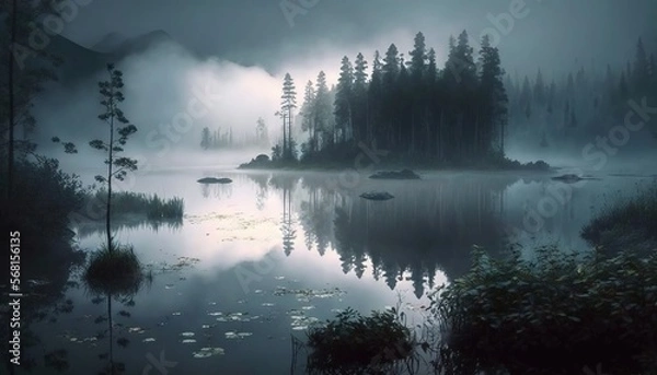 Fototapeta  a foggy lake with a small island in the middle of the water and trees in the distance, with a few boats floating on the water.  generative ai
