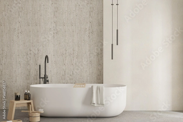 Fototapeta Modern japandi bathroom interior with bathtub , bath accessories , empty wall mock up , 3d rendering