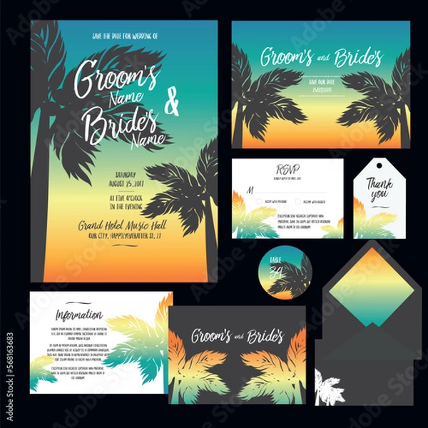 Fototapeta Set of templates for wedding invitation, postcard, information list, respond, reply and design for envelope with tropic sunset