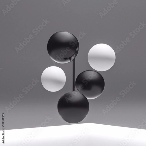 Fototapeta Black and White 3D Model of Balls. Elegant Wallpaper of Spheres in Air. Round Volumetric Circle Shapes. 3D Render Illustration of 5 objects.