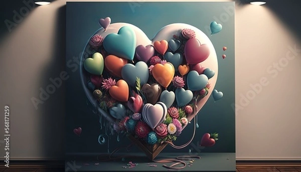 Fototapeta Valentine's day inspired,  canvas with lots of different colour hearts and flowers in front of a wall with lights