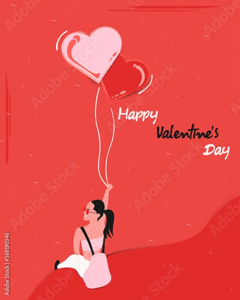 Obraz Valentine card. Happy Valentine's Day. Girl sitting alone with heart shaped inflatable balloons. Vector illustration.
