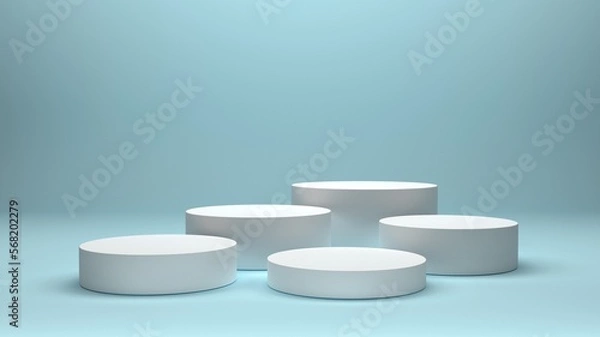 Fototapeta Minimal scene with five white cylindrical podiums on silver blue backdrop. Abstract geometric background for accessories, fashion, cosmetics, or beauty products. 3D rendering