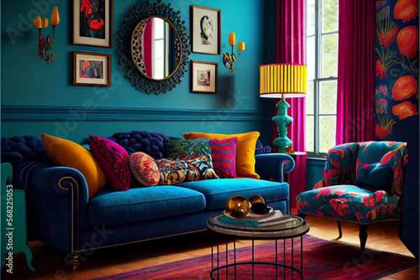 Fototapeta Bold and colorful living room with bright furniture | Interior design of a living room with brightly colored walls, long cozy sofas, colorful pillows and rug |  Generative Ai 