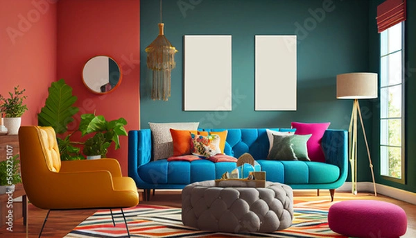 Fototapeta Mockup of blank photo frame hanging on the wall of a living room | Interior design of a living room with brightly colored walls, cozy sofas, pillows, armchairs, and textured rug | Generative Ai