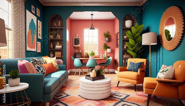 Fototapeta Interior design of a living room with brightly colored walls, long cozy sofas, colorful pillows, armchairs, and textured rug | Bold and colorful living room with bright furniture | Generative Ai 