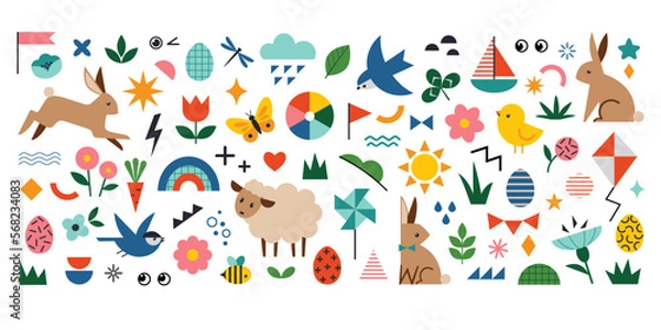 Obraz Vector set of bright colourful Easter characters, symbols, flowers and geometric shapes for spring Easter design on white background. 