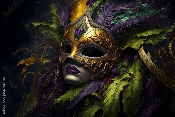 Fototapeta venetian golden carnival mask with colorful feathers. generative ai