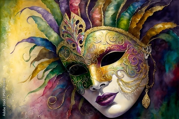 Fototapeta Magdi gras carnival mask illustation, watercolors. Generative AI