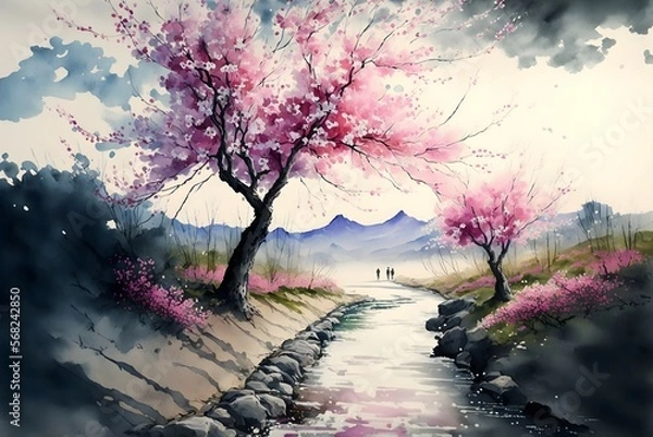 Fototapeta Landscape with blooming trees by the river. Generative AI