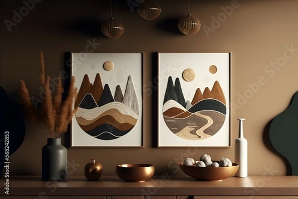 Fototapeta Indoor decorations in simple organic and earth tones. Generative AI