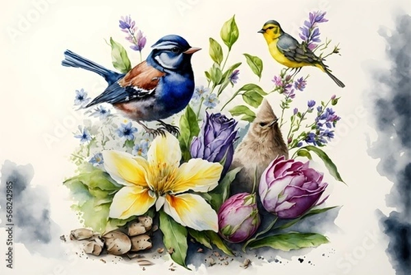 Fototapeta Birds resting on the flowers. Spring, watercolors. Generative AI