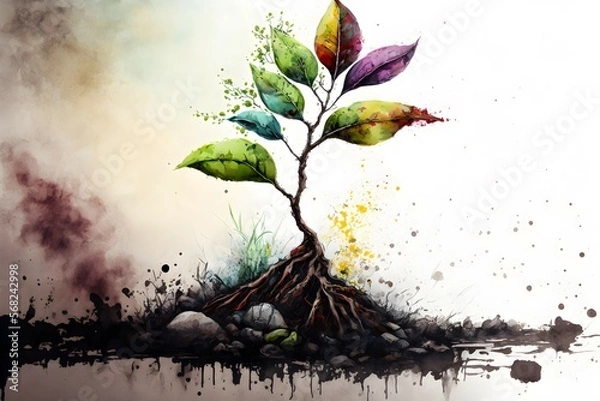 Fototapeta Spring tree in rainbow colors growing on rocks. Generative AI