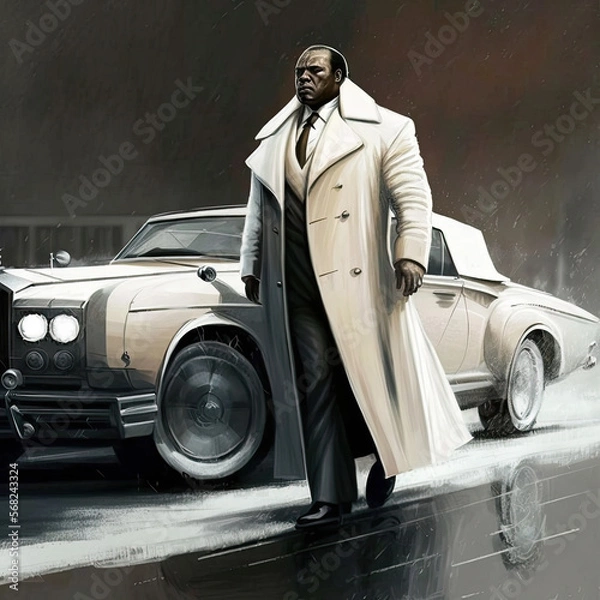 Fototapeta African American mafia guy wearing white coat in front of luxury car, generative ai
