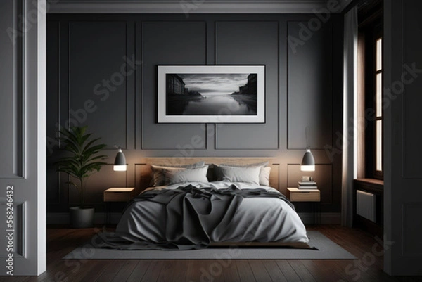 Obraz gray sleeping quarters Dark wood floor with a bed. bedroom with a minimalist decor and a faux picture frame. No, folks. high caliber. Generative AI
