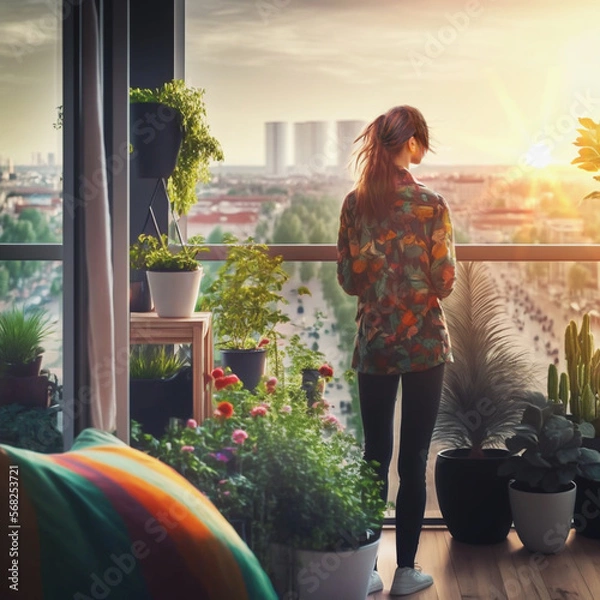 Obraz Modern penthouse balkony with woman looking down to the city, generative ai