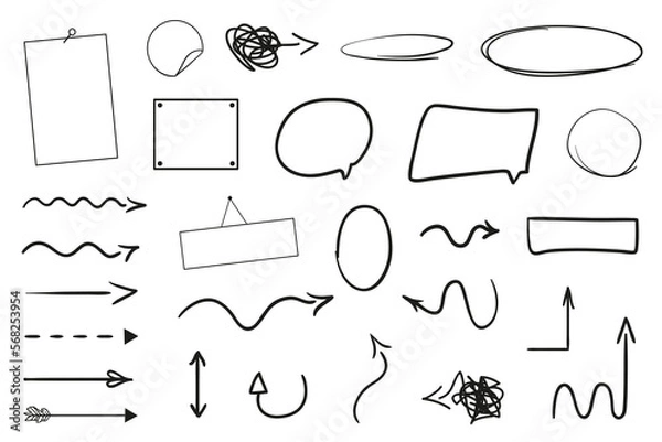 Fototapeta Infographic elements on isolated white background. Hand drawn simple arrows. Set of different geometric shapes. Abstract indicators. Black and white illustration