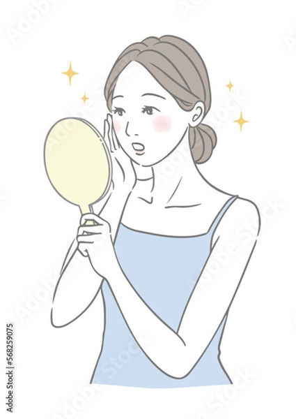 Obraz 手鏡を見る 良い変化に驚く女性 美容イメージイラスト 青
