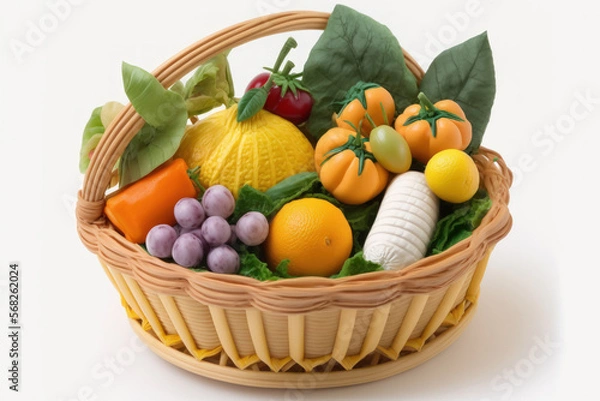 Fototapeta In the basket, healthy food. Photographed in a studio, top perspective, are various fruits and vegetables on a white background. high quality output. Generative AI