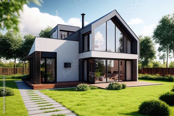 Fototapeta Very modern house with garden in front. Sunny day. Green lawn and trees. Generative AI