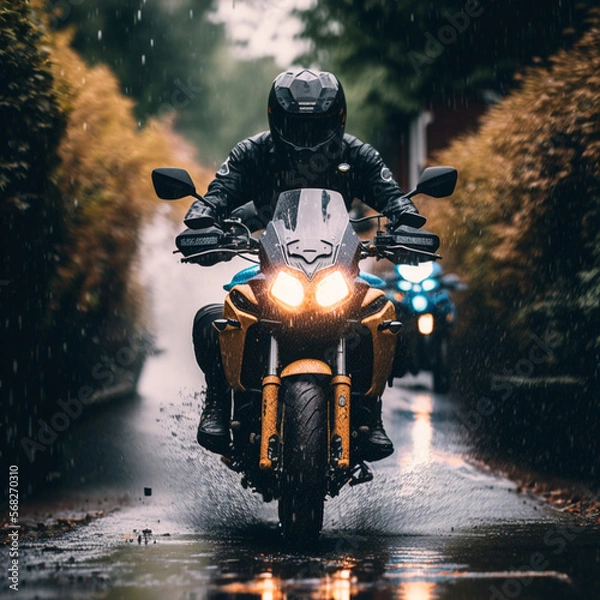 Fototapeta motorcyclist traveling on a road with rain generative AI