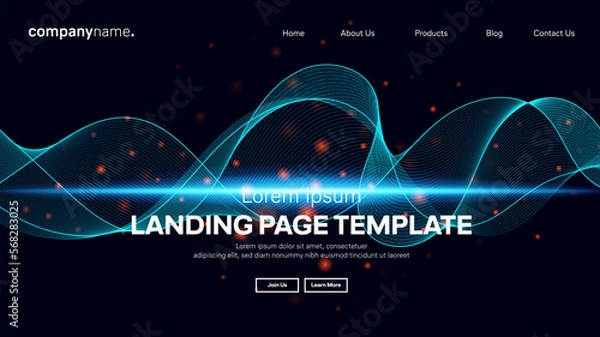 Fototapeta Abstract modern technology Landing page template, flowing line digital technology, smooth particle wave, big data techno design concept background wallpaper, Annual reports, flyer, poster, cover. EPS