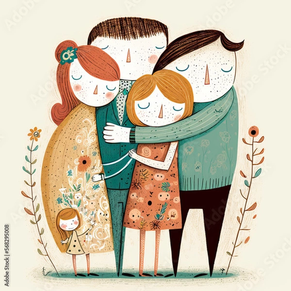 Fototapeta Happy family hugging each others, family portrait generative ai illustration in naive art style