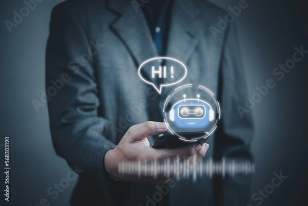 Fototapeta Chatbot conversation Ai Artificial Intelligence technology online customer service. ChatGPT, Digital chatbot, robot application, OpenAI generate. Futuristic technology.Virtual assistant on internet.