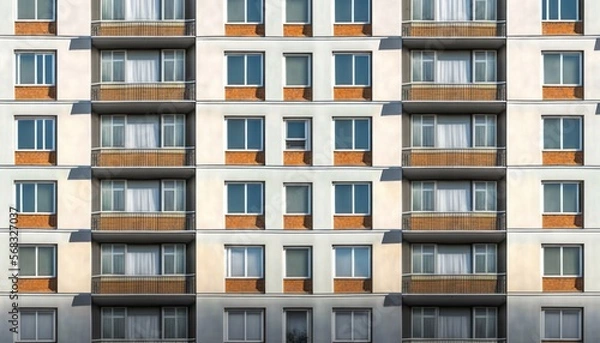 Fototapeta The facade of a modern office or apartment building features windows and balconies. generative ai