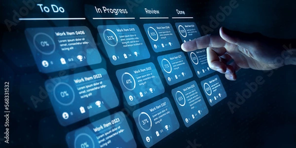 Fototapeta Agile software development or project management using kanban or scrum methodology boards. Process, workflow, visual organisation tools and framework technology. Finger touching virtual interface.