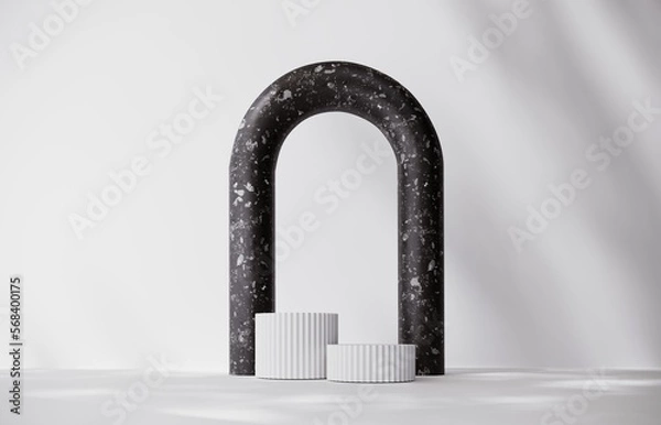 Fototapeta 3d render arch frame and podium, stand, display in modern minimal style. Minimal black and white aesthetic showcase, mock up  for exhibitions and product presentation. Advertising banner.