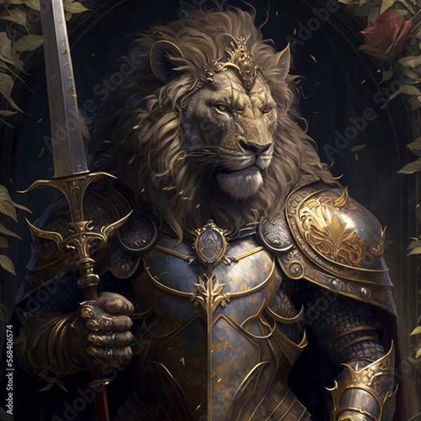 Fototapeta Painting of a lion in armor and with a sword in his hands