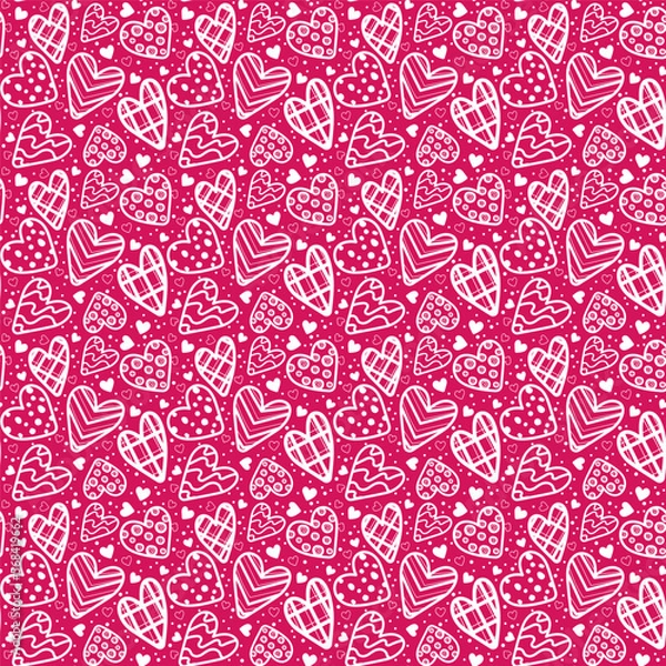 Fototapeta Seamless pattern with various white hearts and spot on pink background