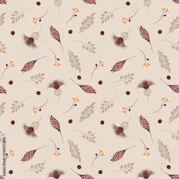Fototapeta Trendy vector abstract floral seamless pattern in scandinavian style. Modern doodle painting. Texture with berries, autumn fruits,flowers, organic shapesdark color on a  beige background