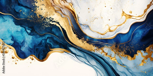 Fototapeta blue and gold watercolor marble background. abstract texture. generativ ai