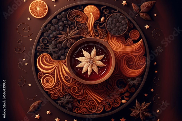 Fototapeta A swirling pattern of mulled wine and spices. Generative AI