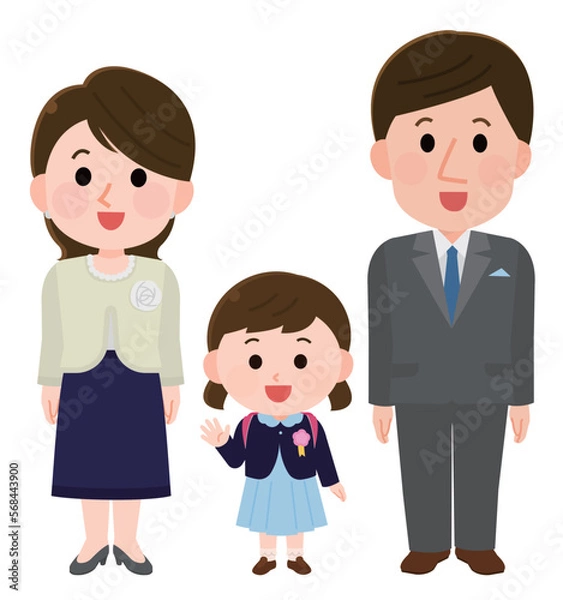 Fototapeta フォーマルな服装で笑顔の夫婦と女の子　入学式や卒業式　イラスト