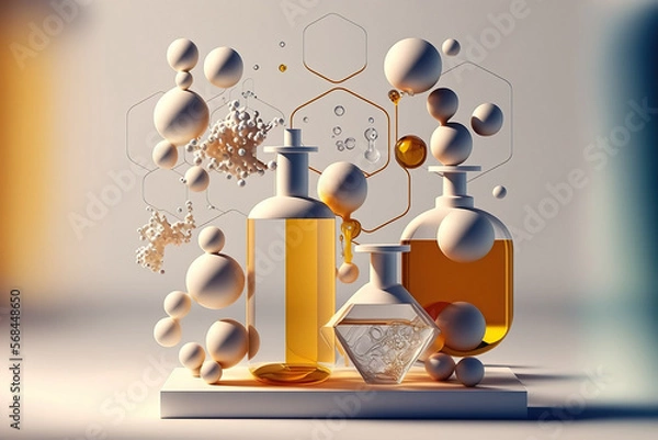 Fototapeta Perfumery production laboratory. Perfume bottles. Liquid essence oil with a molecule. Generative AI.