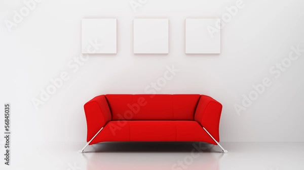 Obraz minimalist living room with red couch and three picture frames