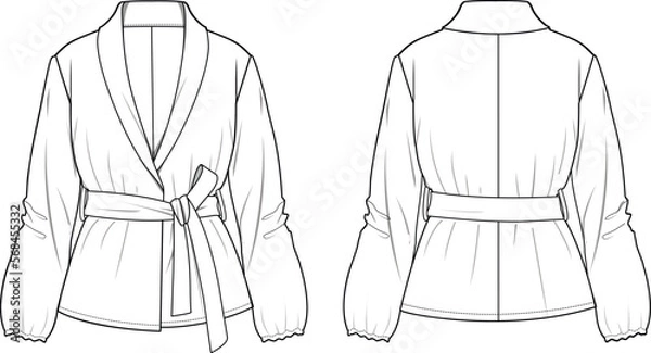 Fototapeta Women's Belted Balloon Sleeve Jacket- Jacket technical fashion illustration. Flat apparel jacket template front and back, white color. Unisex CAD mock-up.