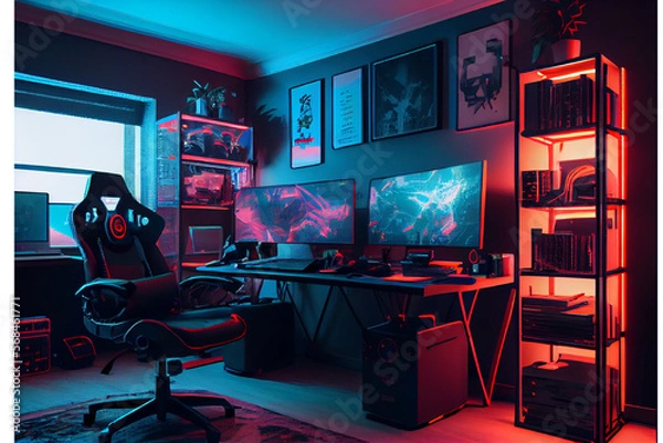 Fototapeta Interior of a cyberpunk colorful streaming and gaming studio for streamers | Gaming studio with modern and powerful gaming setup | Hyper realistic generated by Ai | Interior of a room | Generative ai