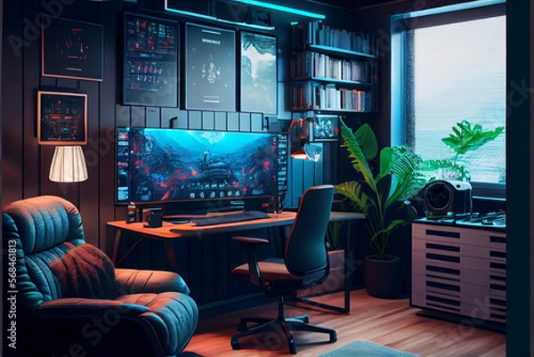 Fototapeta Interior of a cyberpunk colorful streaming and gaming studio for streamers | Gaming studio with modern and powerful gaming setup | Hyper realistic generated by Ai | Interior of a room | Generative ai